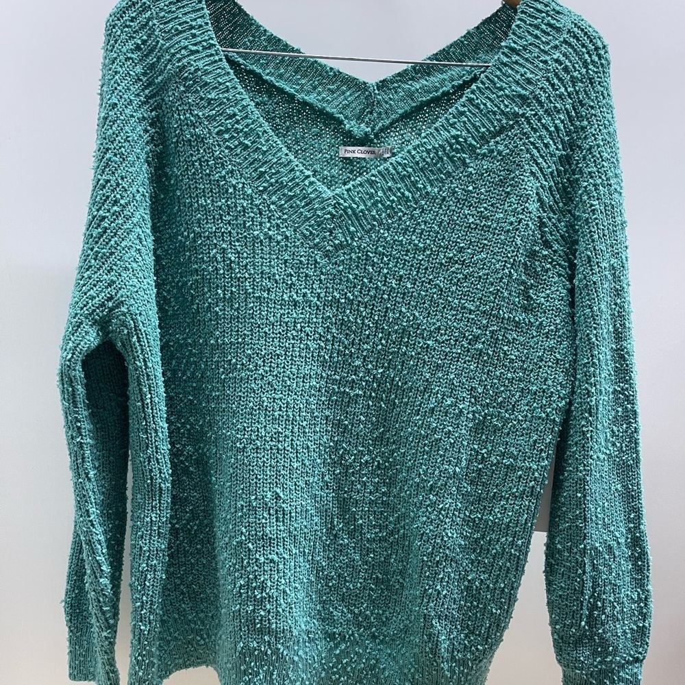 Pink Clover Teal V-Neck Sweater